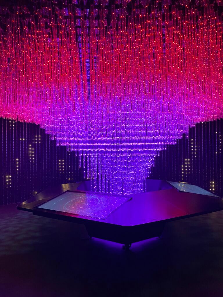 The entry with thousands of acrylic rods drawing down to a series of touch screens