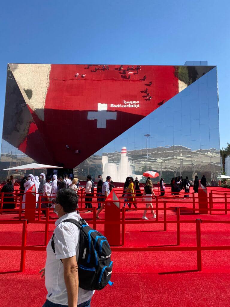 So clever! Mirrored facade reveals the Pvlion name printed on the red carpet